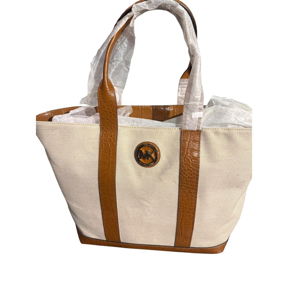 Michael Kors Fulton Canvas Large Tote Ecru Luggage Croc Embossed Bag 30S3GFCT3C